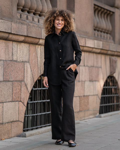 Linen Shirt &amp; Wide Pants 2-Piece in pure black