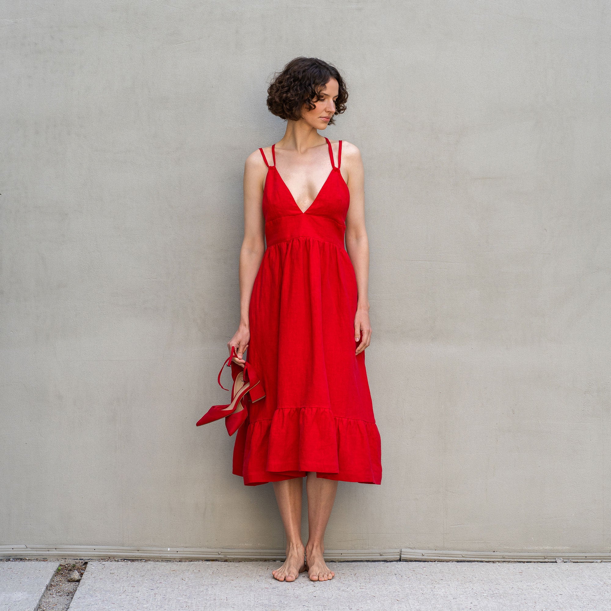 Linen Backless Lace Up Dress Anika Pure Red Color