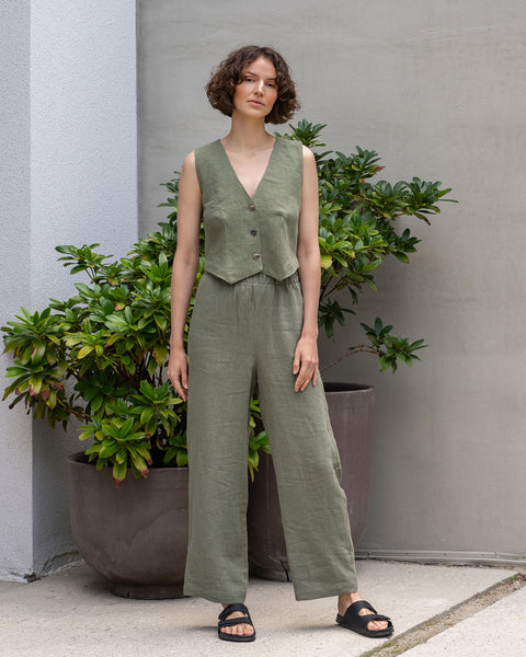 Linen Vest Ava in stone green color and linen pants
