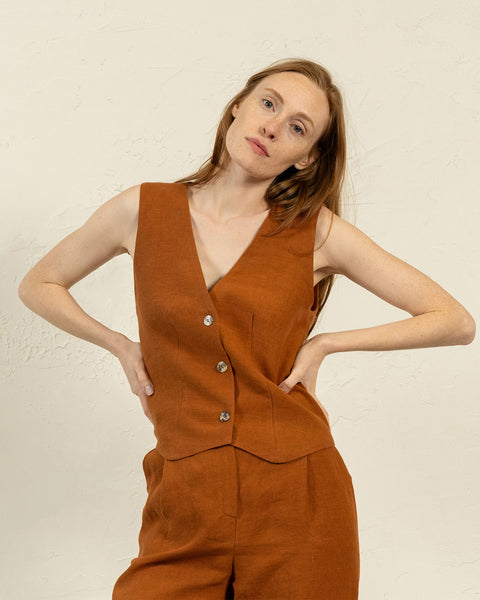 Linen vest Ava in almond brown color paired with Linen pleated pants Lotus in almond brown color