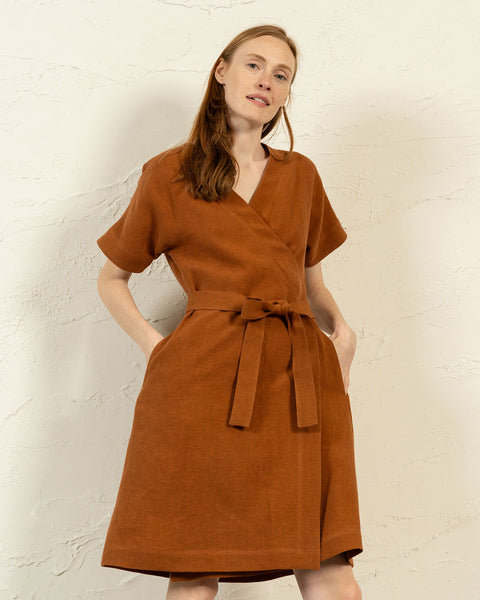Linen Wrap Dress Eliana Almond Brown