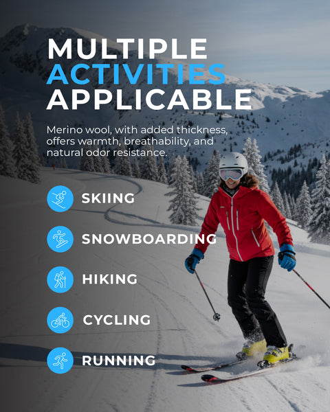 Person skiing with text about merino wool&#39;s benefits and activities it can be used for.