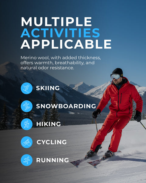 Person skiing with text about multiple activities and product features on a snowy mountain background