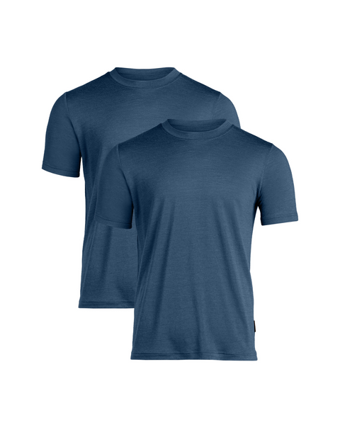 Two men’s short sleeve denim blue Merino wool t-shirts, soft, moisture-wicking, and ideal for casual or active use.