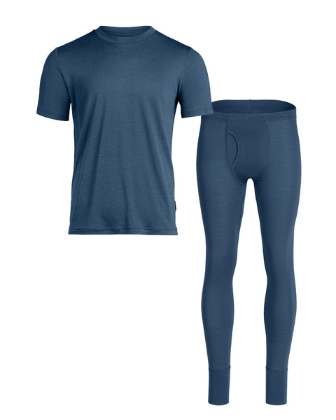 Packshot of merino wool mens short sleeve top and bottoms set