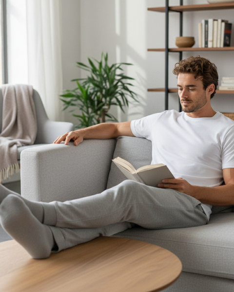 A man lounging on a gray sofa in a bright, modern living room, wearing a white bamboo T-shirt and light gray pants, reading a book with his legs stretched out on the coffee table.