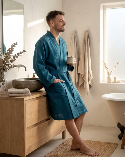 Man wearing cobalt blue linen bathrobe standing in a minimalist bathroom interior, breathable men’s linen robe with belt and pockets designed for comfort, home relaxation, spa mornings, and everyday loungewear.