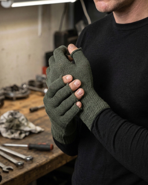 Close-up of men’s green merino wool fingerless gloves with soft breathable knit, lightweight gloves for outdoor work, cycling, and everyday activities