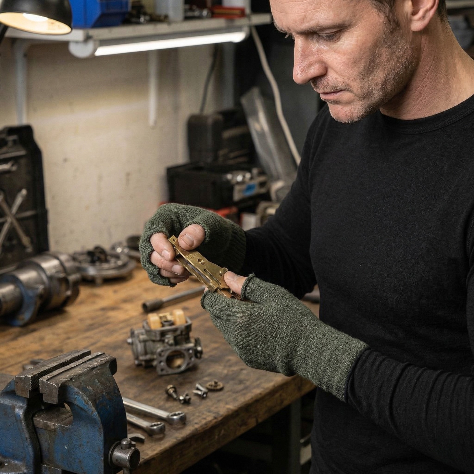 A person wearing a black long-sleeved shirt is shown from the chest up, putting on dark green fingerless gloves. The background is white.