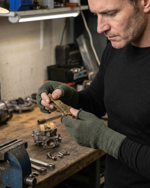 Man performing precision mechanical repair wearing green merino wool fingerless work gloves, breathable high-dexterity gloves for tools, DIY tasks, and outdoor work