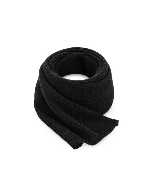 A dark charcoal gray ribbed knit scarf neatly rolled into a loose coil, displayed against a plain white background.
