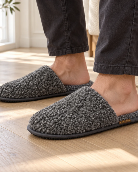 A close-up of a person standing on a light wood floor wearing dark gray, fuzzy slip-on slippers, which feature a small brown "MENIQUE" tag on the outer edge.