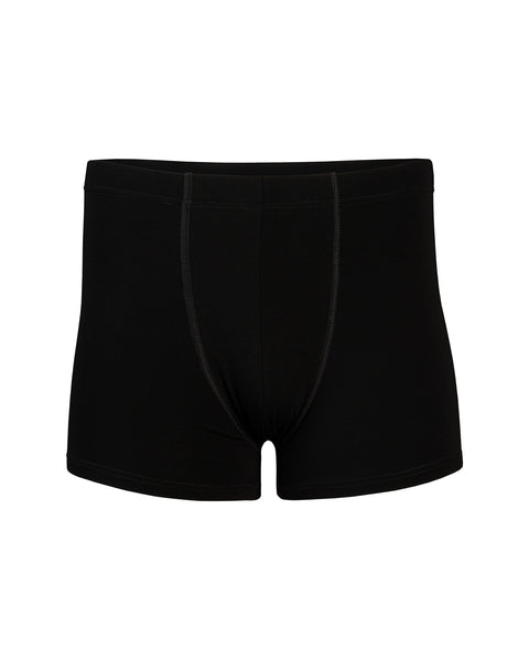 Men’s black bamboo boxers shown from the front, made from soft, breathable fabric.