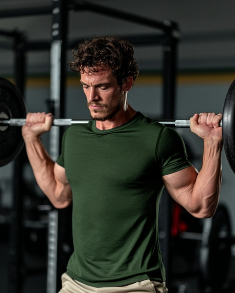 Man in a dark green Merino wool slim fit t-shirt lifting a barbell in the gym.