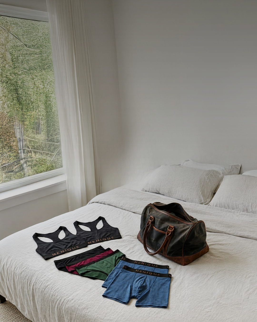 A bright, minimalist bedroom with neatly arranged clothing and a travel bag laid out on a white bed. The apparel includes two black sports bras, three pairs of bikini-style underwear in black, maroon, and green, and two pairs of blue boxer briefs; the waistbands feature the brand name "MENIQUE". Beside the clothes is a dark canvas duffel bag with brown leather handles. To the left, a large window with sheer white curtains reveals green trees outside.