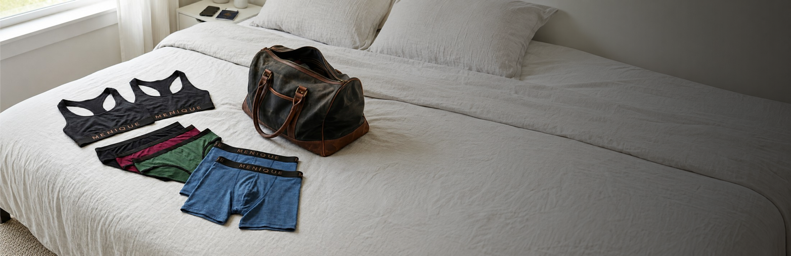 A bright, minimalist bedroom with neatly arranged clothing and a travel bag laid out on a white bed. The apparel includes two black sports bras, three pairs of bikini-style underwear in black, maroon, and green, and two pairs of blue boxer briefs; the waistbands feature the brand name "MENIQUE". Beside the clothes is a dark canvas duffel bag with brown leather handles. To the left, a large window with sheer white curtains reveals green trees outside.