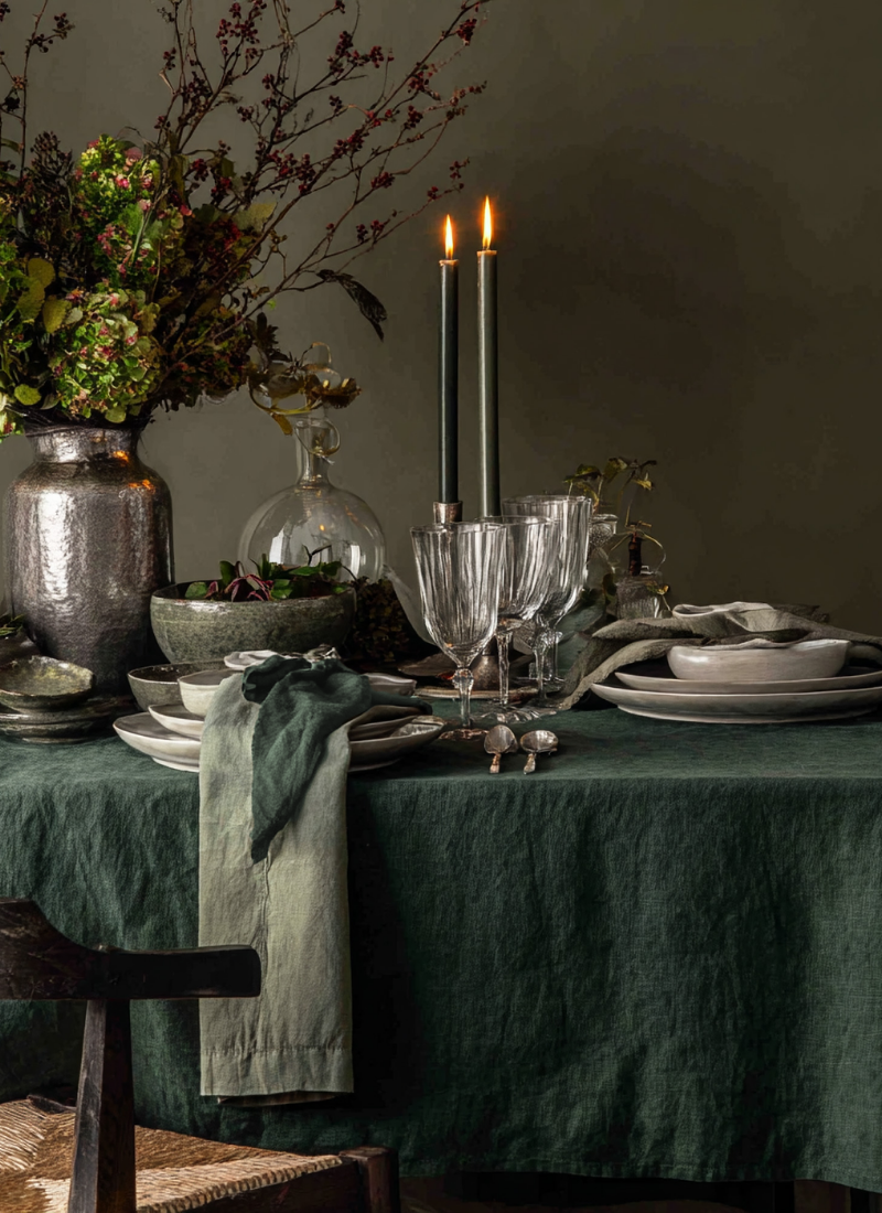 Dining table setting with green tablecloth, candles, and decorative items.