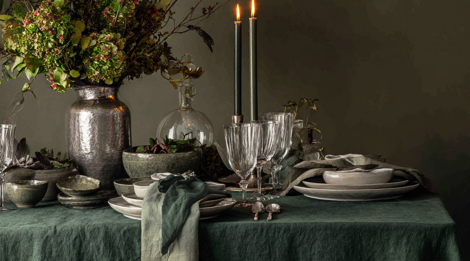 Elegant table setting with candles, glassware, and greenery on a dark background