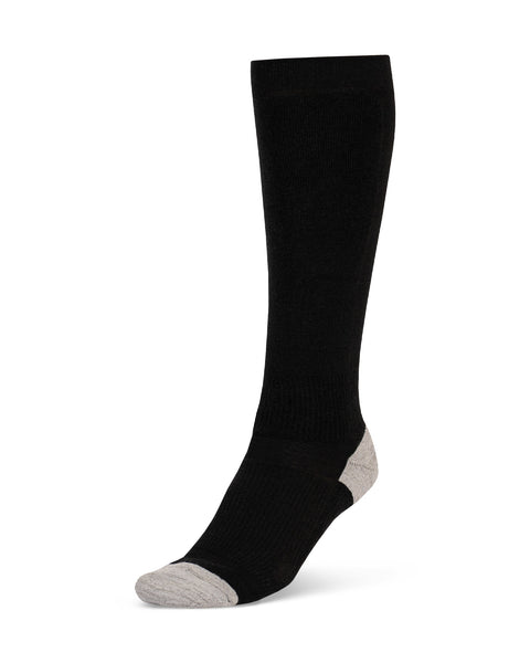 Black knee-high sock with gray toe and heel on a white background