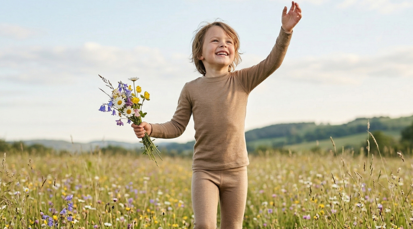 A joyful young boy stands in a blooming wildflower field, laughing and reaching one arm up towards the sky. He is wearing a light brown long-sleeve top and matching leggings while holding a small bouquet of freshly picked flowers.
