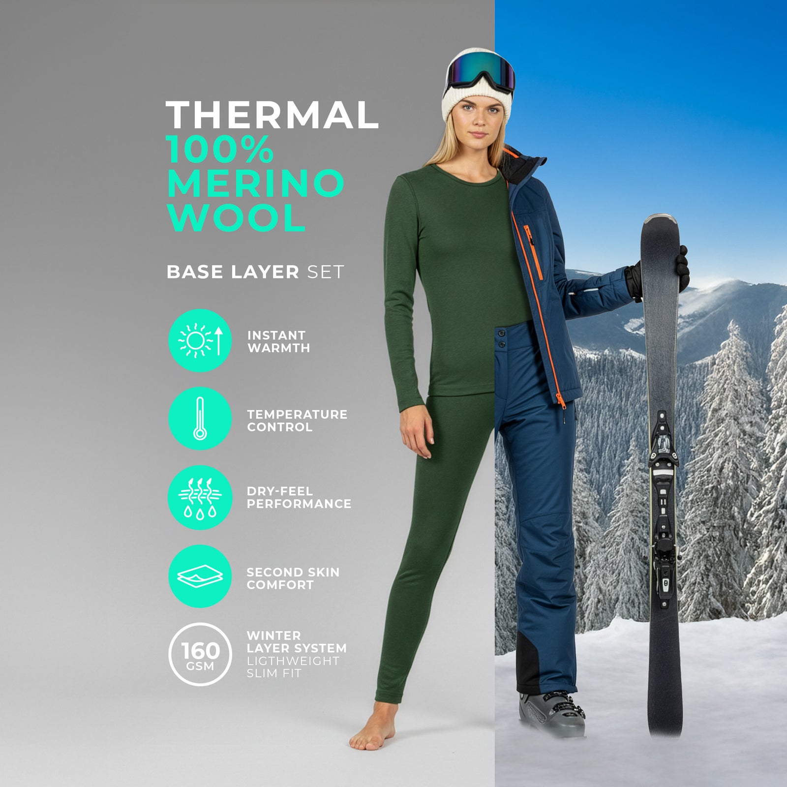 Women's 160 Long Sleeve & Bottoms 2-Piece Dark Green