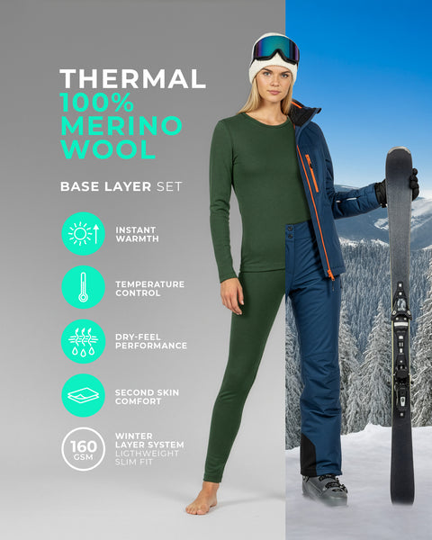 Woman wearing a dark green 100% merino wool thermal base layer set, shown transitioning from indoor comfort to snowy outdoor conditions, emphasizing lightweight insulation and temperature regulation.