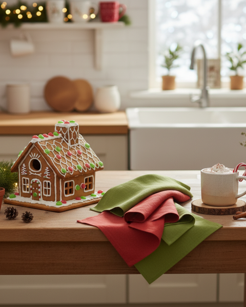 Festive kitchen scene with red and green linen towels, a gingerbread house, and a mug of hot chocolate surrounded by Christmas decorations.
