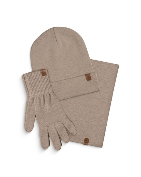 Beige knit beanie, gloves, and scarf set on a white background
