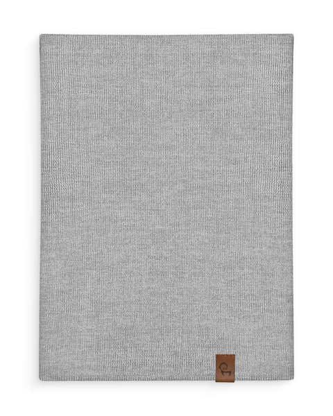 Light gray Merino wool knit neck gaiter displayed flat with a leather logo tag.