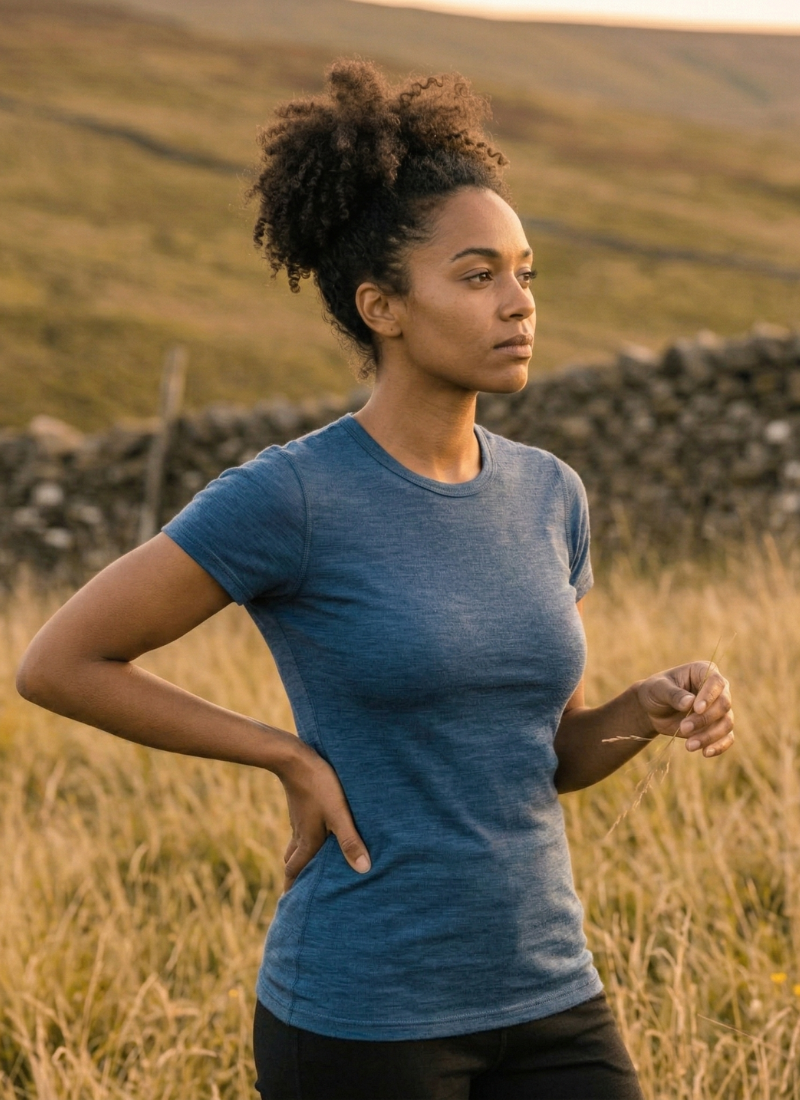 A woman with dark curly hair tied back, standing in a grassy field wearing a blue t-shirt, with her hands resting on her hips while looking to the side.