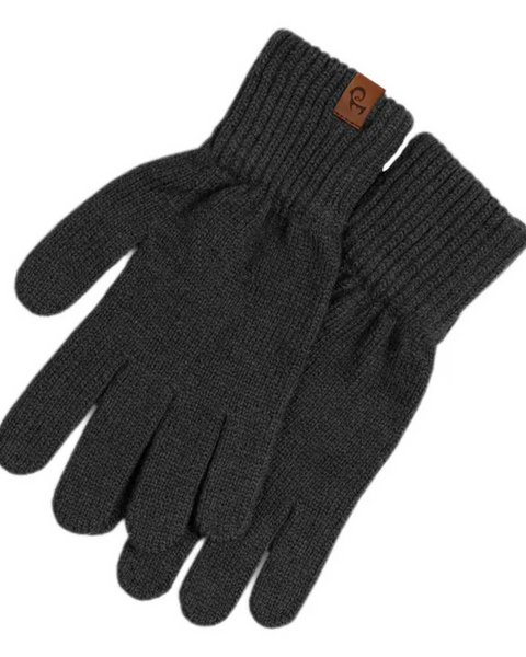 
A pair of menique brand dark grayknit gloves with ribbed cuffs. A small, rectangular tan leather tag with the &quot;menique&quot; logo is visible on the cuff of the left glove. The gloves are laid flat against a white background.