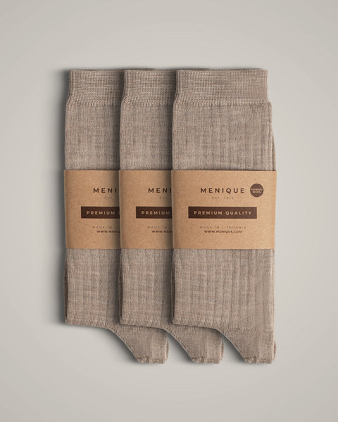 Women’s 85% Merino Wool Rib Thin Socks 3-Pack in Beige – lightweight, breathable, premium quality everyday socks.