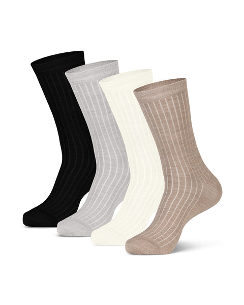 Women&#39;s Merino Rib Crew Socks in all 4 available colors, including black, light gray, natural, and beige.