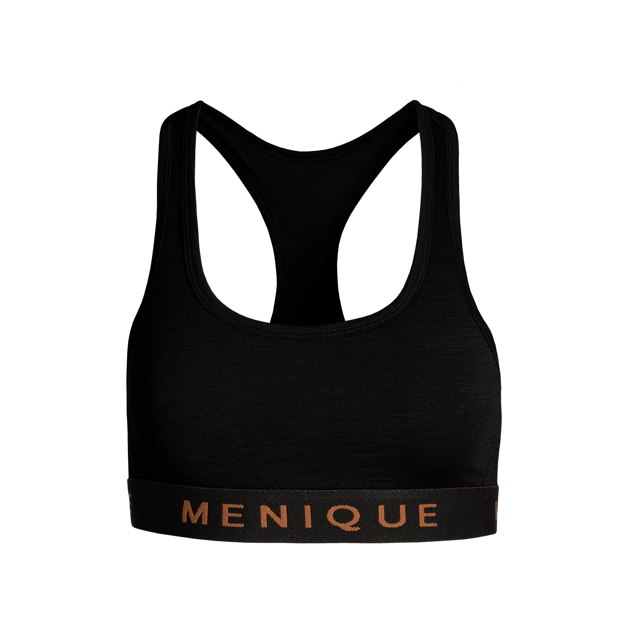 The menique women's sport bra in black color, front view, in a white background.