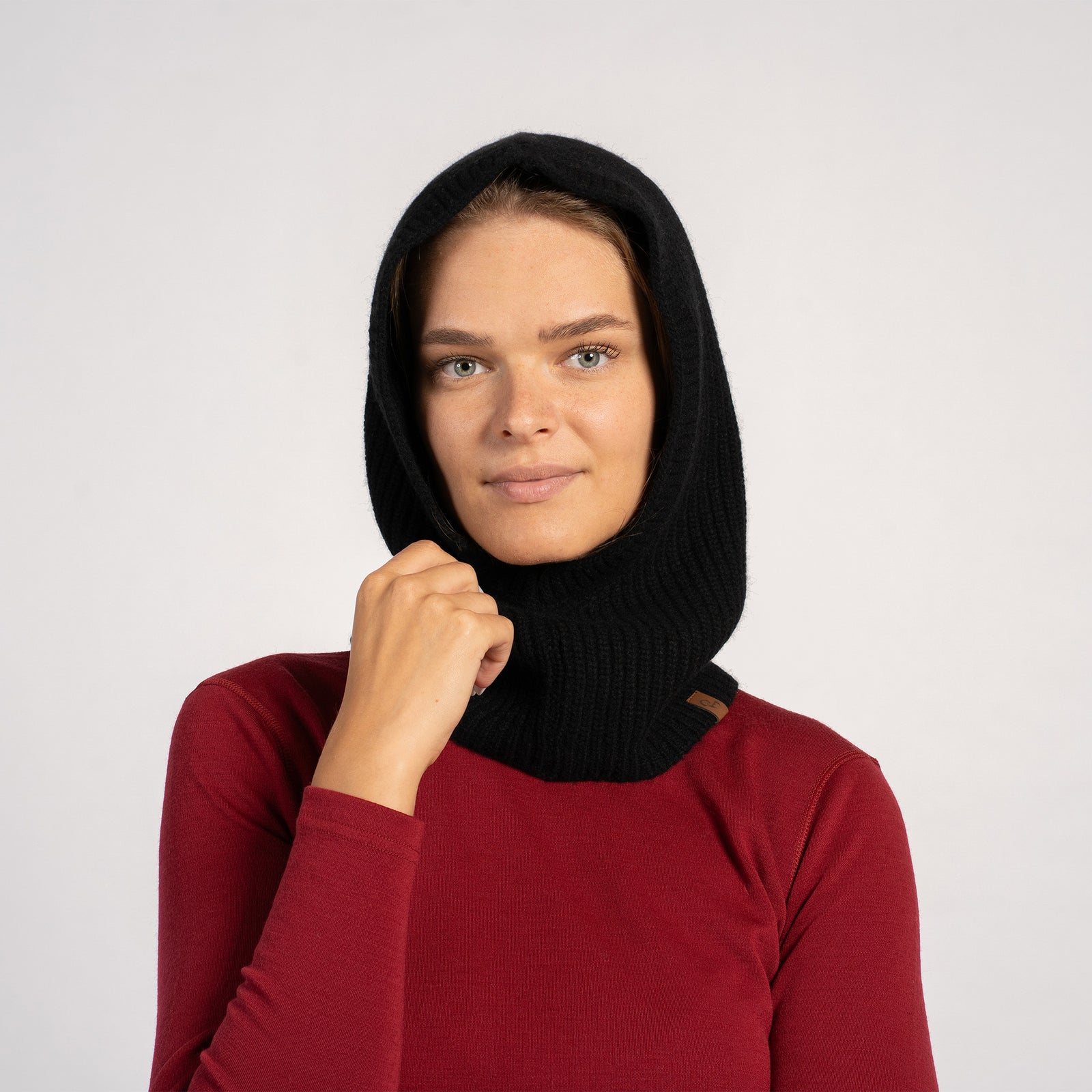 Woman modeling creamy beige ribbed knit hood balaclava – merino cashmere blend