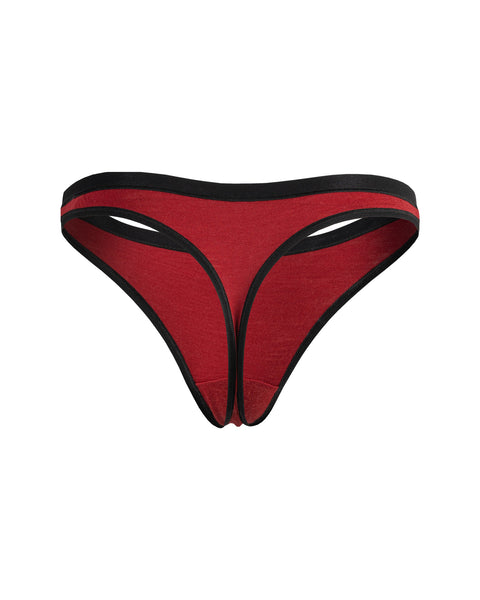 The Menique Women&#39;s Merino Thong Briefs in royal cherry color, back view.