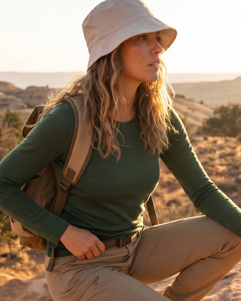 A woman crouching on a rock in a sunlit desert landscape during golden hour, looking intently off into the distance. She is wearing a fitted dark green long-sleeved top, tan hiking pants, a light beige bucket hat, and a tan backpack. The background features arid, rocky terrain bathed in warm sunlight.