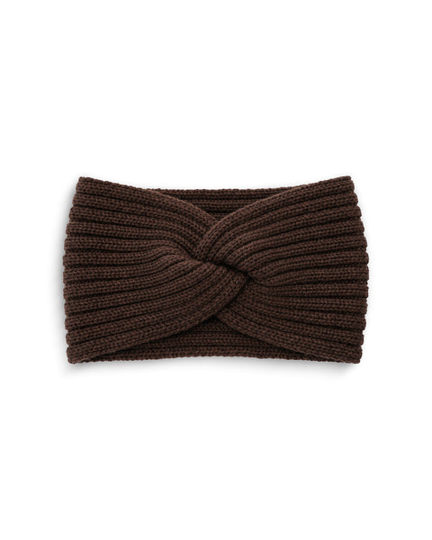 A brown ribbed knit headband featuring a twisted knot design in the center, displayed flat against a plain white background.