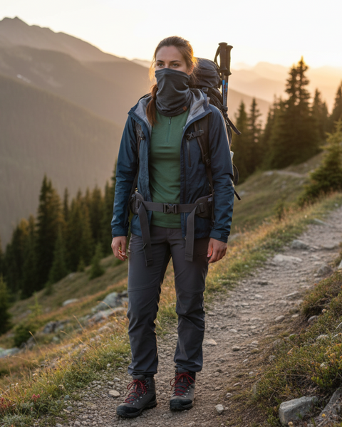 Woman hiking at sunset in the mountains, wearing a perfect gray Merino wool neck gaiter, green shirt, and navy jacket, with trekking poles on her backpack.