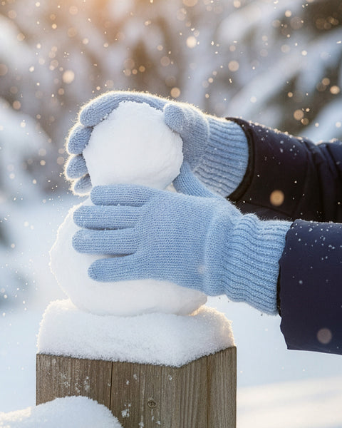 Person wearing light blue knitted gloves and a dark winter jacket building a small snowman in a snowy setting with sunlight and snowflakes in the air.