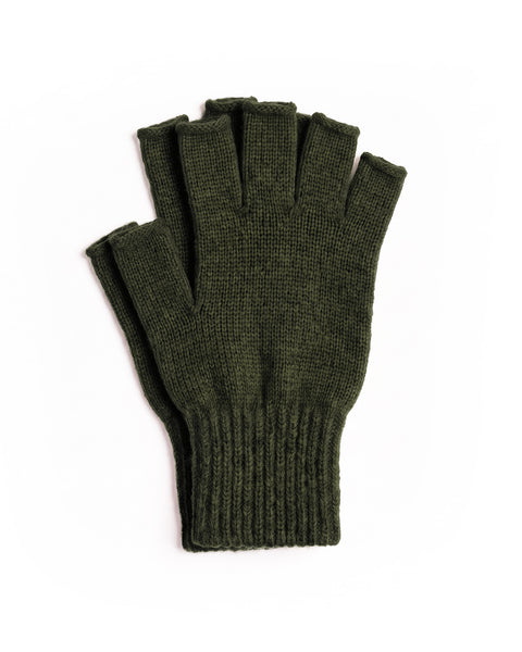 A pair of dark green knit fingerless gloves laid flat against a white background.