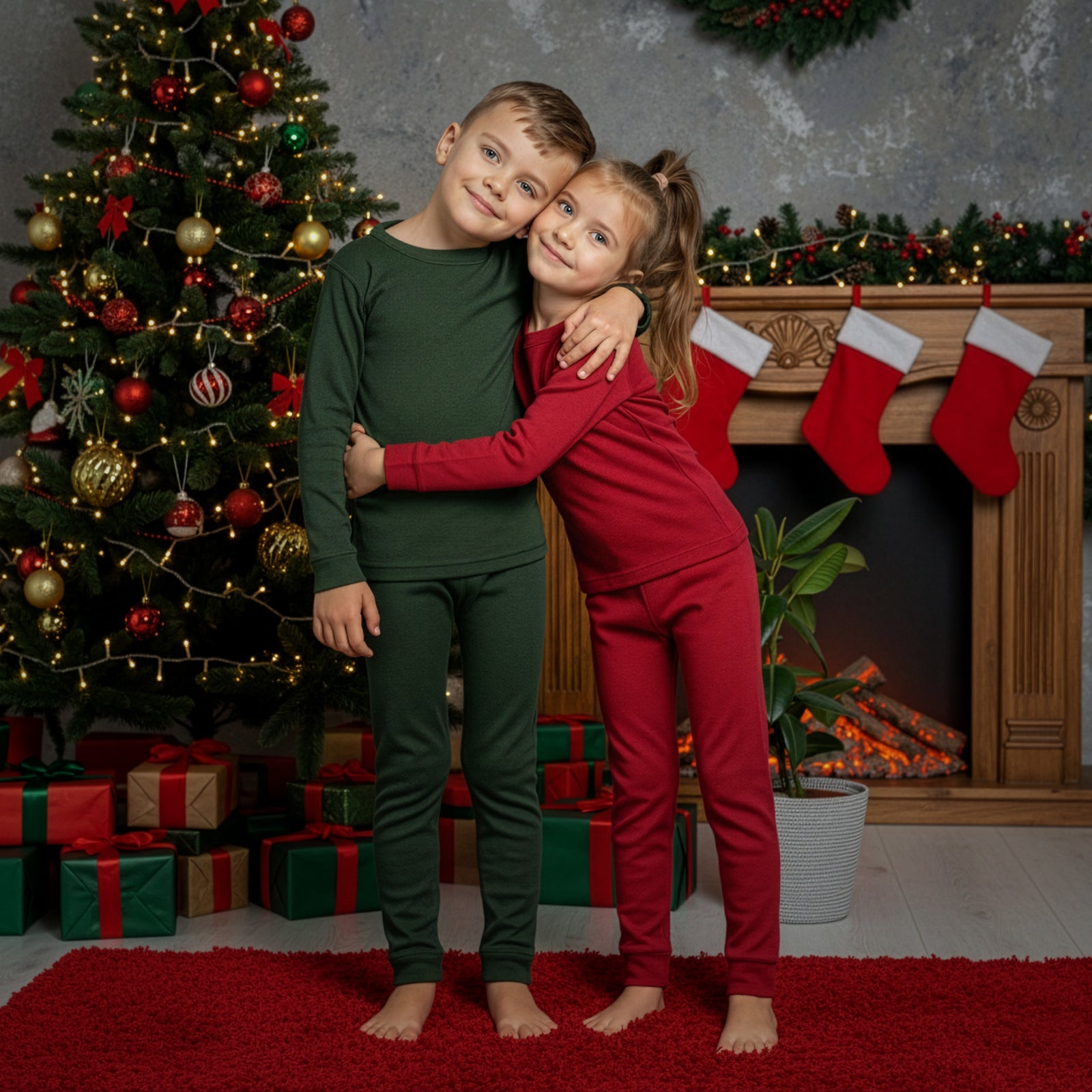 Two children hugging in front of a Christmas tree and fireplace.