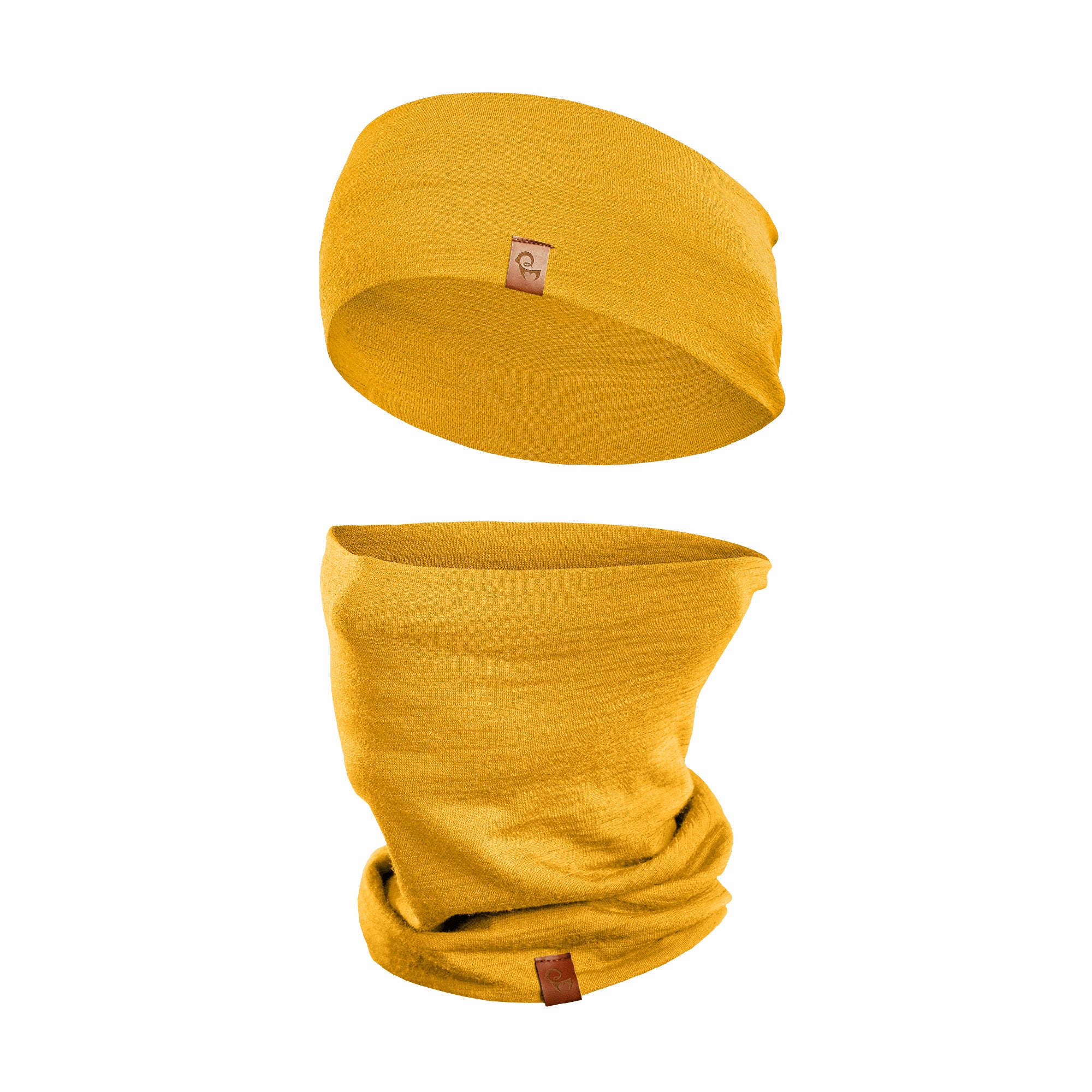 A person with short, dark hair is shown wearing a spicy yellow headband and a matching neck gaiter that is pulled up to cover their mouth and nose, with only their eyes visible. They are wearing a black long-sleeved shirt, and the blurred background suggests an outdoor setting with green foliage.