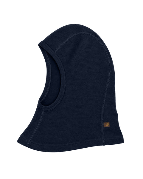 A black fleece balaclava hood with a small brown embroidered logo on the lower right side, shown against a plain white background.