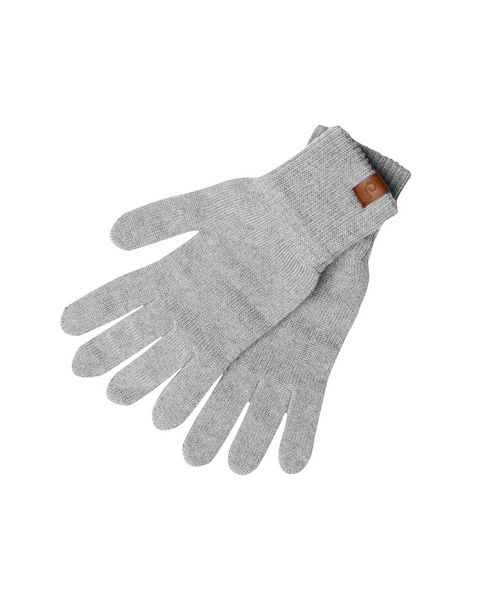 A pair of light gray knit gloves are displayed on a white background. The gloves are shown laid flat, one slightly overlapping the other. They feature ribbed cuffs and a small brown tag is visible on the wrist of the glove on top.