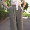 MENIQUE Linen pleated pants with zipper, sea shell button and belt loops in Stone Green color.