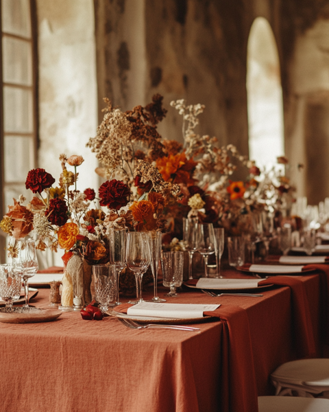 A cinnamon red linen tablecloth on a rustic autumn season wedding table. It has seasonal centerpieces on top and matching color linen napkins on top of the plates.