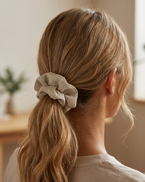 The back of a woman's head, showing her blonde hair pulled back into a low ponytail secured with a natural beige, linen-like fabric scrunchie. The background is a softly blurred room with a wooden table and a green plant by a window.