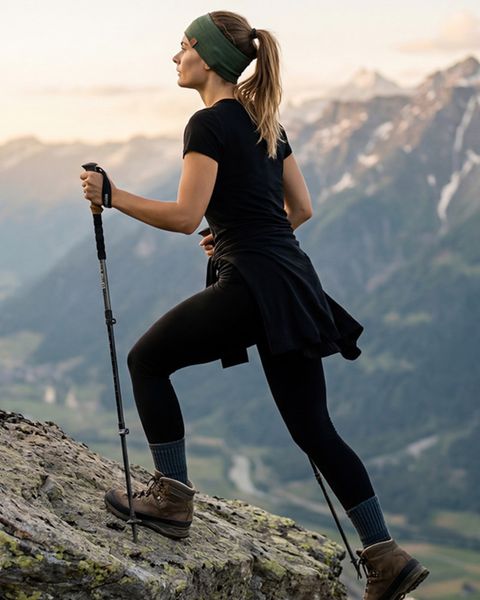 A side-profile shot captures a woman hiking up a rugged mountain ridge using trekking poles, set against a breathtaking backdrop of deep valleys and snow-capped peaks. She is actively stepping upward, dressed in a black t-shirt, black leggings, sturdy brown hiking boots, and a wide green headband holding back her ponytail.