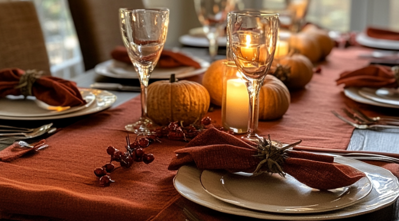 a thanksgiving table decorated with a cinnamon red table runner and coordinated napkins.